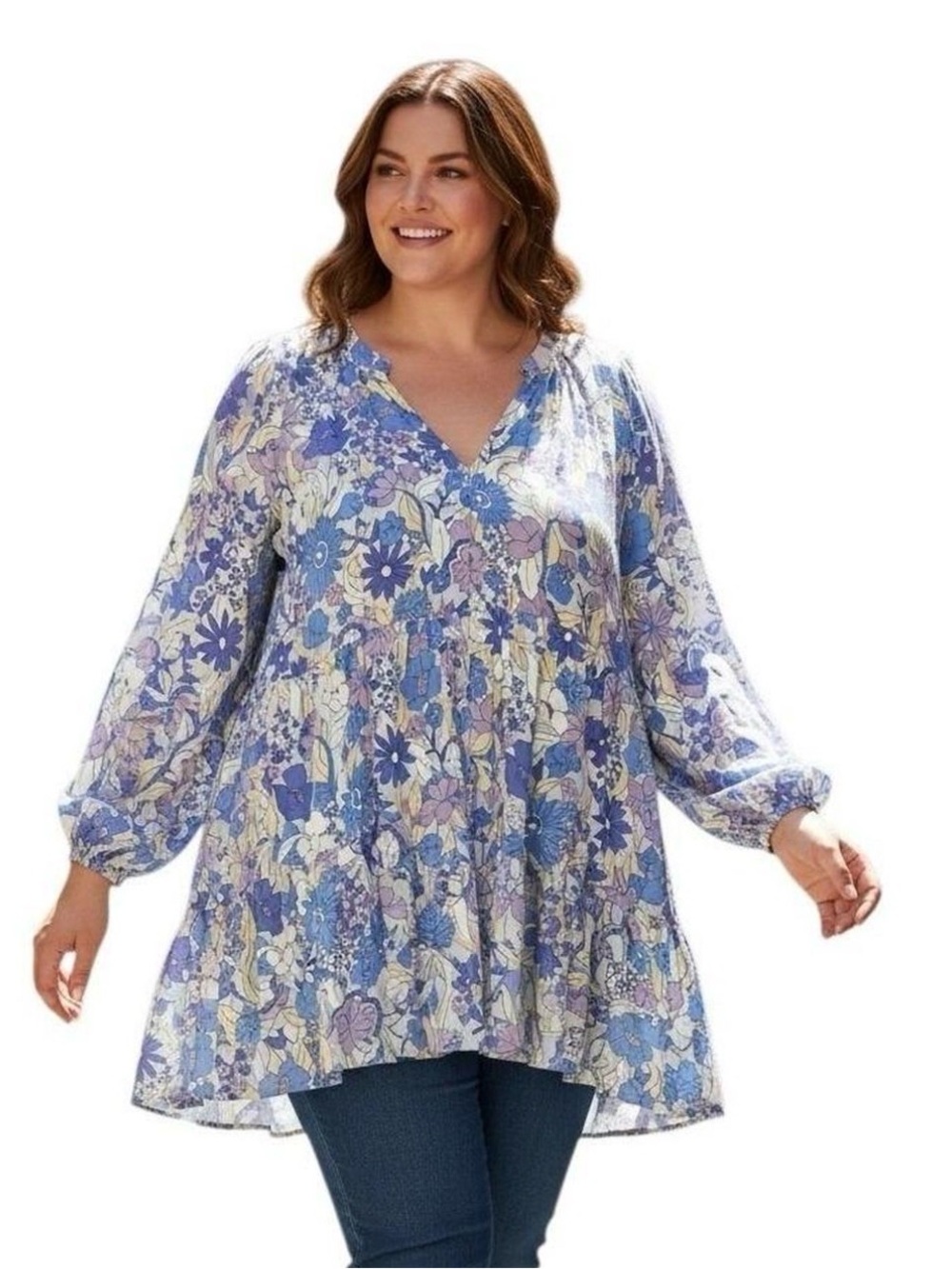 Ellos Plus Size Blue Floral V-Neck Peasant Blouse size 18/20